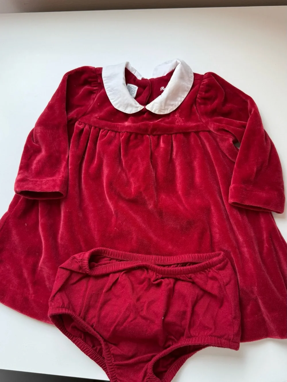 Ralph Lauren Red Velvet dress with White Peter Pan Collar + diaper cover